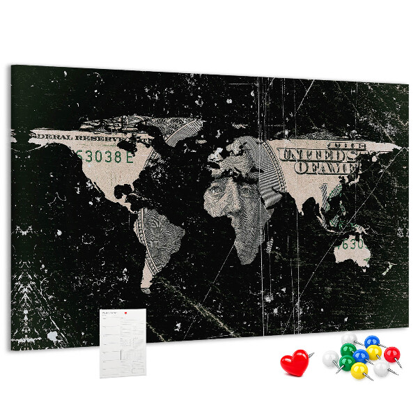 Lavagna di sughero con mappa del mondo su sfondo banconota da un dollaro