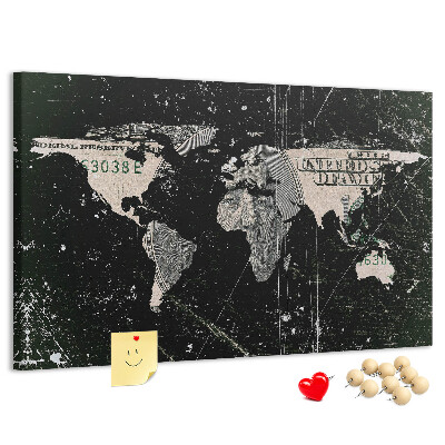 Lavagna di sughero con mappa del mondo su sfondo banconota da un dollaro