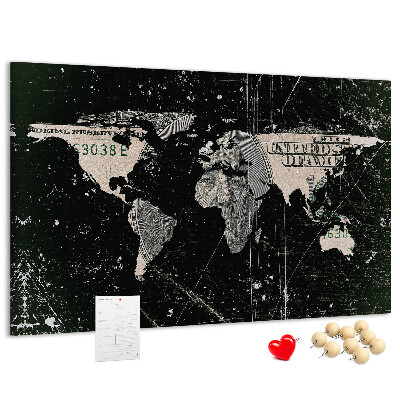 Lavagna di sughero con mappa del mondo su sfondo banconota da un dollaro