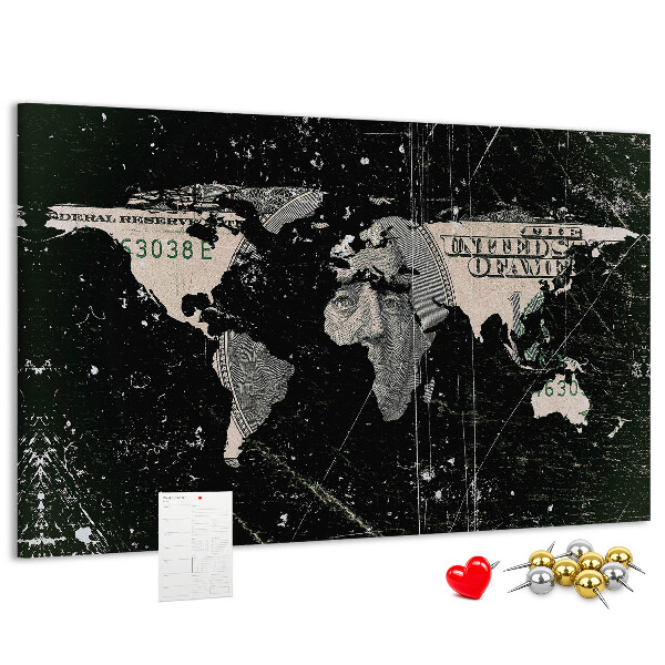 Lavagna di sughero con mappa del mondo su sfondo banconota da un dollaro