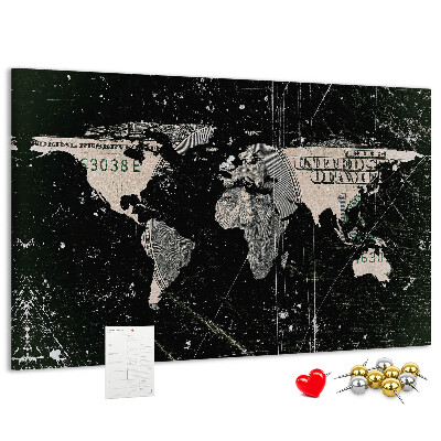 Lavagna di sughero con mappa del mondo su sfondo banconota da un dollaro