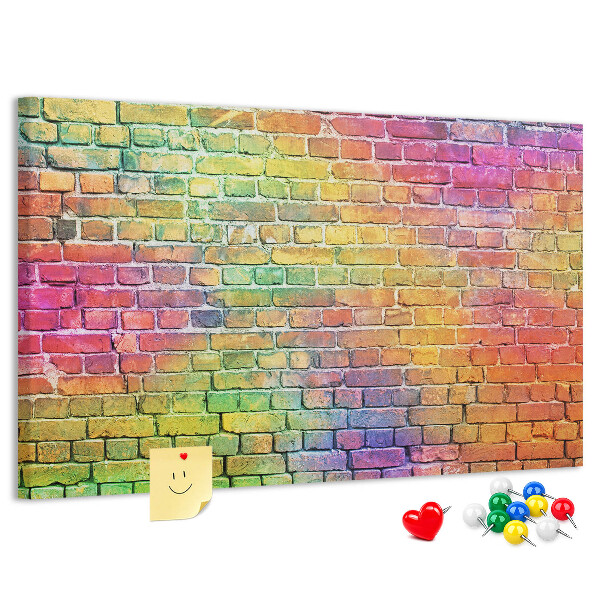 Bacheca in sughero con stampa effetto muro di mattoni colorati arcobaleno
