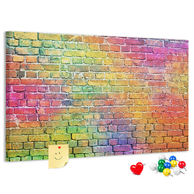 Bacheca in sughero con stampa effetto muro di mattoni colorati arcobaleno