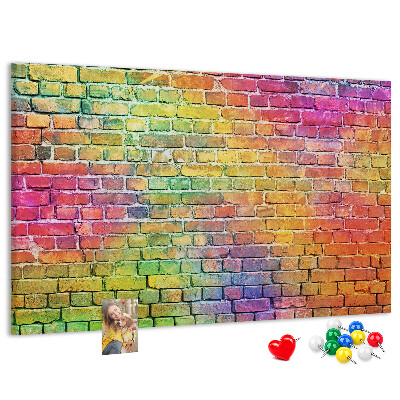 Bacheca in sughero con stampa effetto muro di mattoni colorati arcobaleno