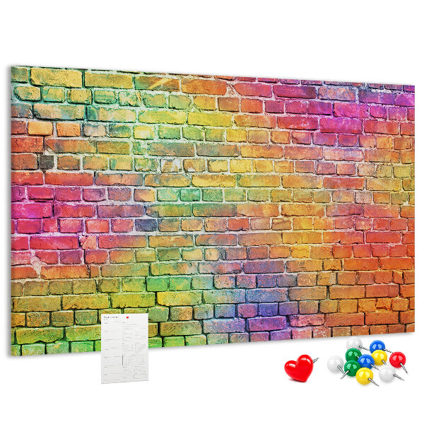 Bacheca in sughero con stampa effetto muro di mattoni colorati arcobaleno