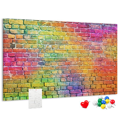Bacheca in sughero con stampa effetto muro di mattoni colorati arcobaleno