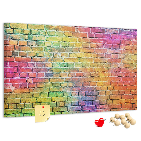 Bacheca in sughero con stampa effetto muro di mattoni colorati arcobaleno