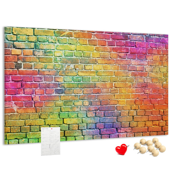 Bacheca in sughero con stampa effetto muro di mattoni colorati arcobaleno