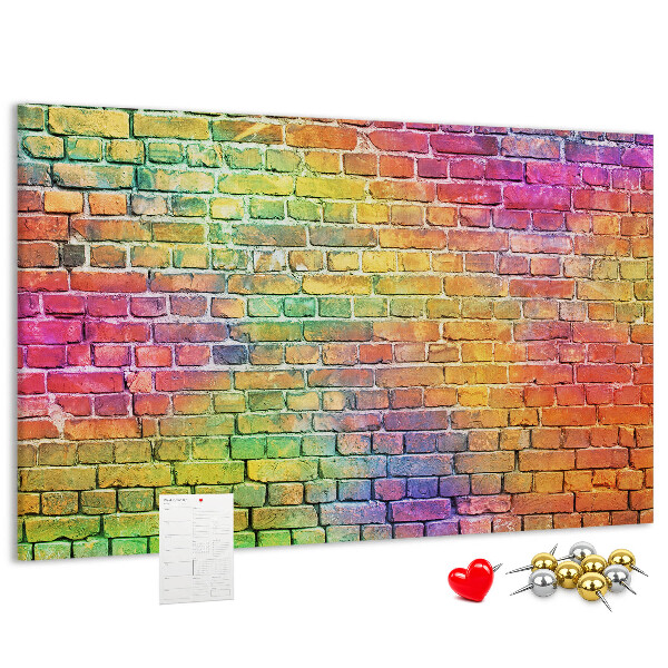 Bacheca in sughero con stampa effetto muro di mattoni colorati arcobaleno