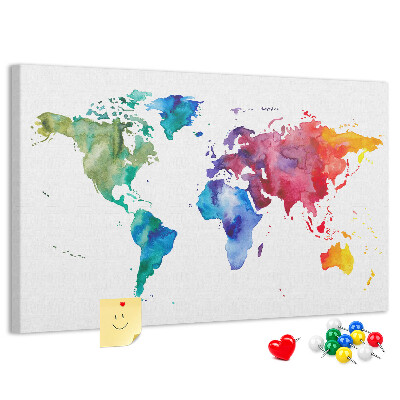 Bacheca in sughero mappa del mondo con colori vivaci effetto acquerello
