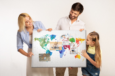 Bacheca in sughero mappa del mondo con colori vivaci effetto acquerello