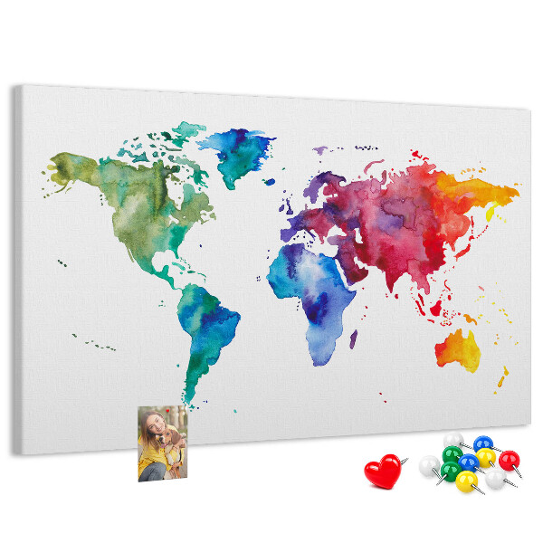 Bacheca in sughero mappa del mondo con colori vivaci effetto acquerello