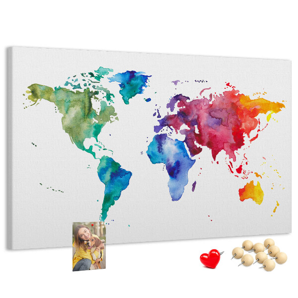 Bacheca in sughero mappa del mondo con colori vivaci effetto acquerello