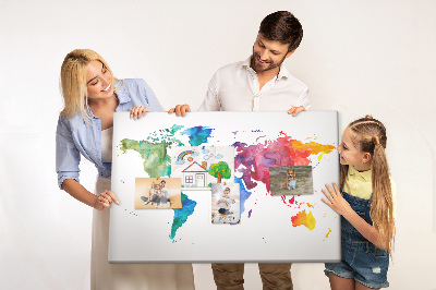 Bacheca in sughero mappa del mondo con colori vivaci effetto acquerello