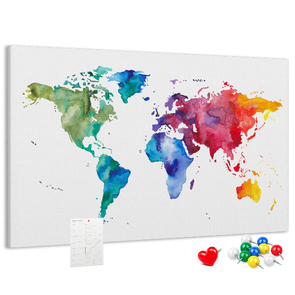 Bacheca in sughero mappa del mondo con colori vivaci effetto acquerello