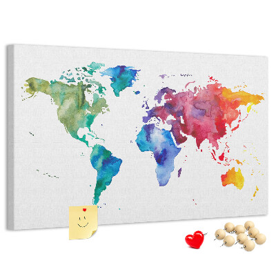 Bacheca in sughero mappa del mondo con colori vivaci effetto acquerello