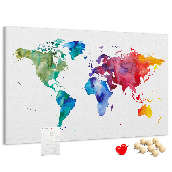 Bacheca in sughero mappa del mondo con colori vivaci effetto acquerello