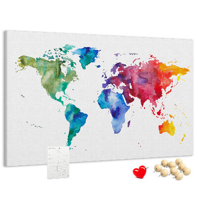 Bacheca in sughero mappa del mondo con colori vivaci effetto acquerello