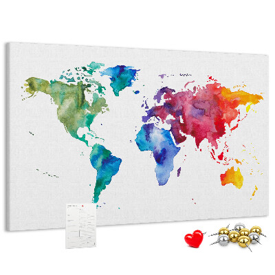 Bacheca in sughero mappa del mondo con colori vivaci effetto acquerello