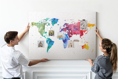 Bacheca in sughero mappa del mondo con colori vivaci effetto acquerello