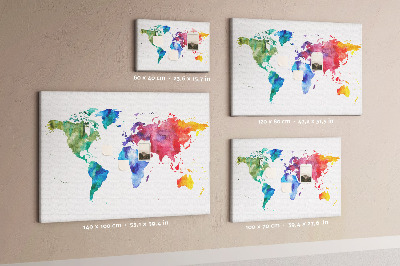 Bacheca in sughero mappa del mondo con colori vivaci effetto acquerello