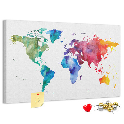 Bacheca in sughero mappa del mondo con colori vivaci effetto acquerello