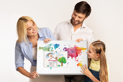 Bacheca in sughero mappa del mondo con colori vivaci effetto acquerello