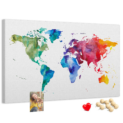 Bacheca in sughero mappa del mondo con colori vivaci effetto acquerello