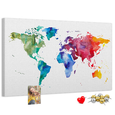 Bacheca in sughero mappa del mondo con colori vivaci effetto acquerello