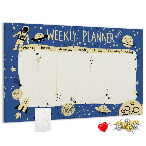 Bacheca in sughero agenda settimanale a tema cosmico con pianeti e stelle