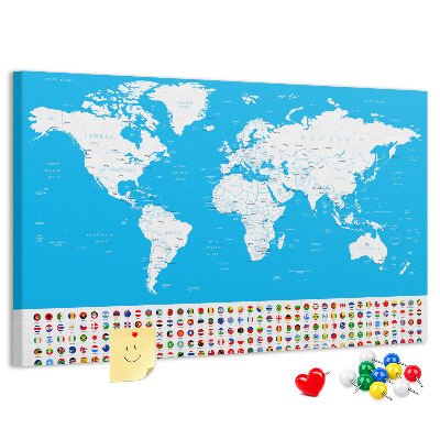 Bacheca in sughero mappa del mondo colorata con bandiere dei paesi