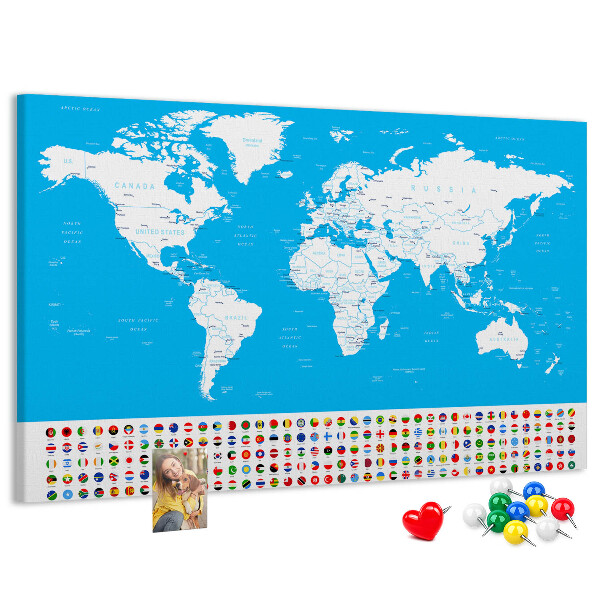 Bacheca in sughero mappa del mondo colorata con bandiere dei paesi
