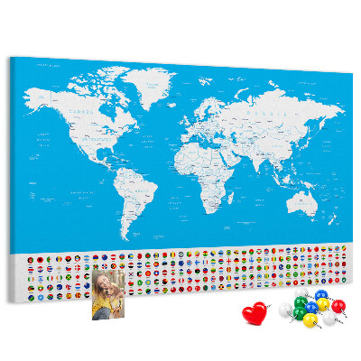 Bacheca in sughero mappa del mondo colorata con bandiere dei paesi