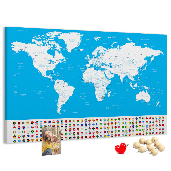 Bacheca in sughero mappa del mondo colorata con bandiere dei paesi