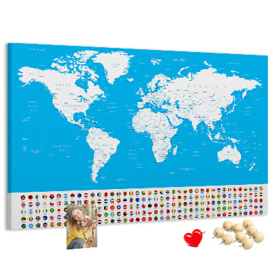 Bacheca in sughero mappa del mondo colorata con bandiere dei paesi