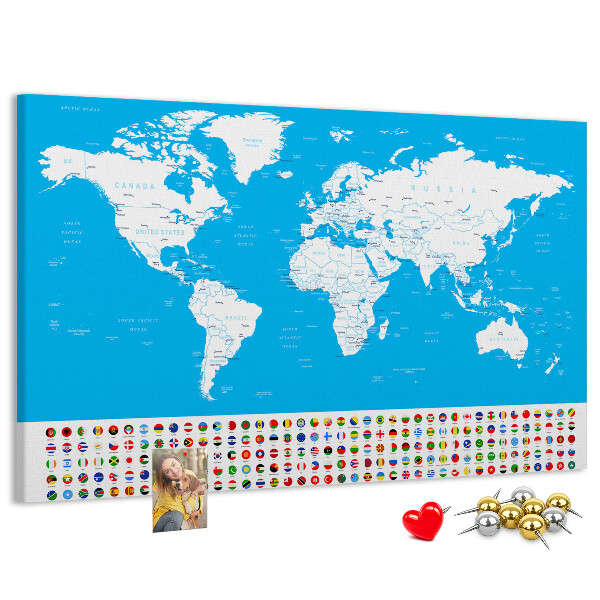 Bacheca in sughero mappa del mondo colorata con bandiere dei paesi
