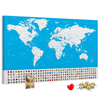 Bacheca in sughero mappa del mondo colorata con bandiere dei paesi