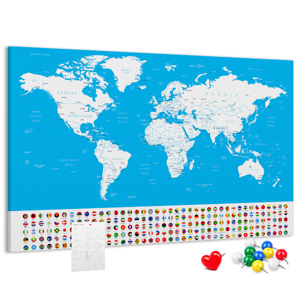Bacheca in sughero mappa del mondo colorata con bandiere dei paesi