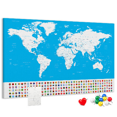 Bacheca in sughero mappa del mondo colorata con bandiere dei paesi