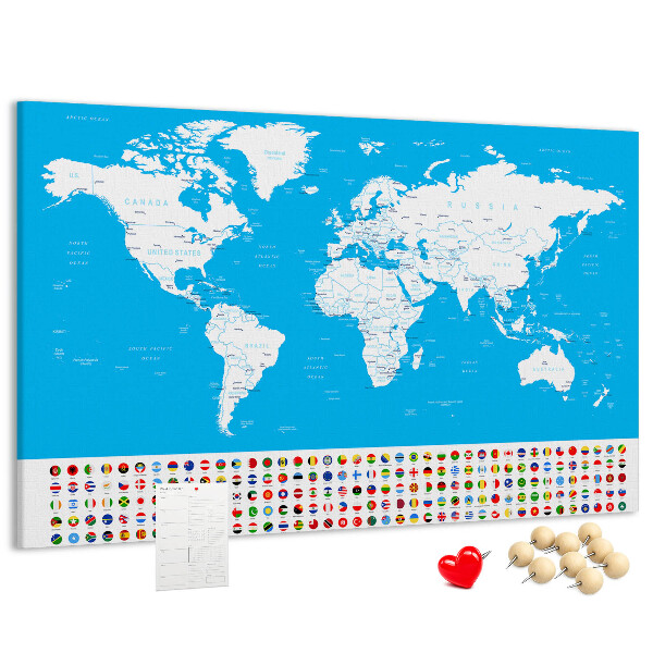 Bacheca in sughero mappa del mondo colorata con bandiere dei paesi