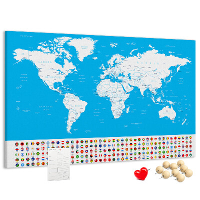 Bacheca in sughero mappa del mondo colorata con bandiere dei paesi