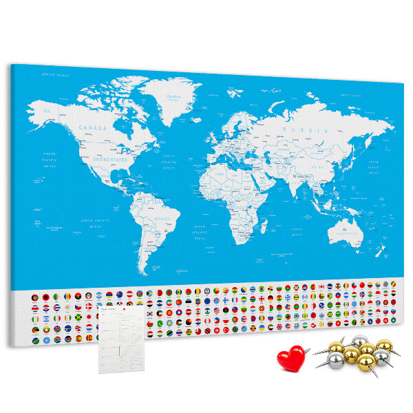 Bacheca in sughero mappa del mondo colorata con bandiere dei paesi