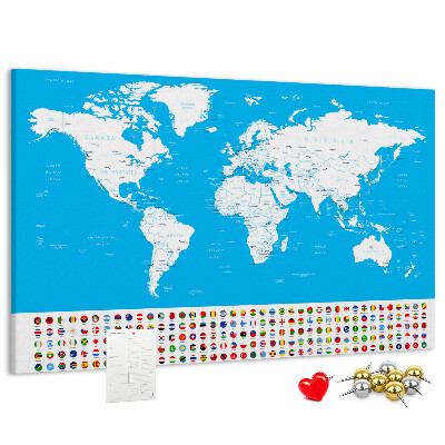 Bacheca in sughero mappa del mondo colorata con bandiere dei paesi