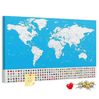 Bacheca in sughero mappa del mondo colorata con bandiere dei paesi