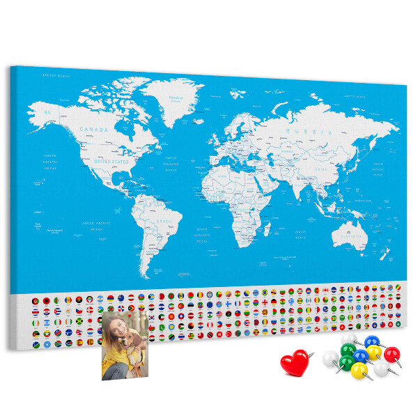 Bacheca in sughero mappa del mondo colorata con bandiere dei paesi