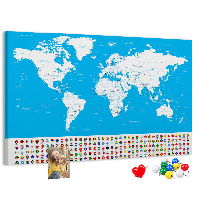 Bacheca in sughero mappa del mondo colorata con bandiere dei paesi