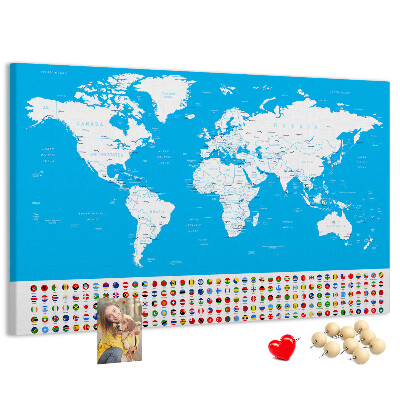 Bacheca in sughero mappa del mondo colorata con bandiere dei paesi