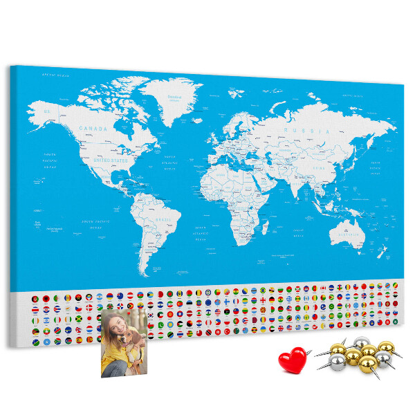 Bacheca in sughero mappa del mondo colorata con bandiere dei paesi