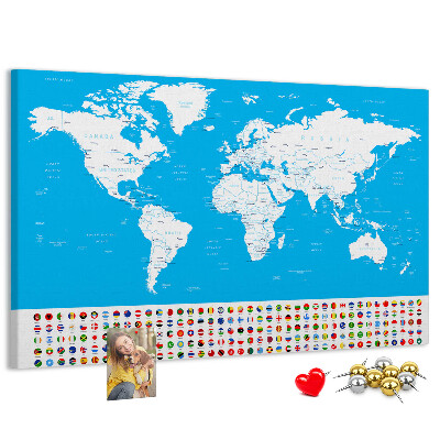 Bacheca in sughero mappa del mondo colorata con bandiere dei paesi