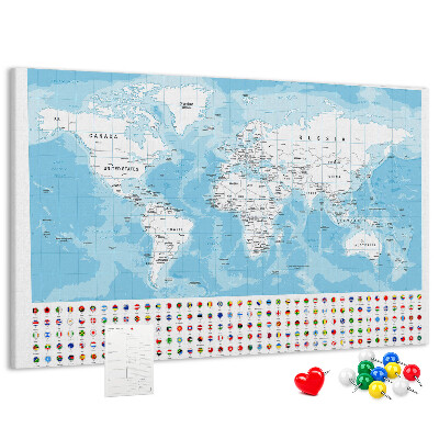 Bacheca in sughero mappa del mondo con puntine colorate